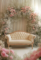 Obraz premium Tufted Cream Sofa on a Wedding Stage Framed by Floral Arches and Romantic Drapery