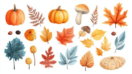 Obraz premium Fall Clipart: Autumn-themed fall clipart images featuring colorful leaves, pumpkins, and harvest items, ideal for seasonal design projects or fall-themed content. 