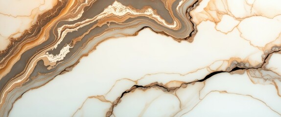 Photograph of a marble surface with intricate veining patterns, featuring shades of white, beige, and light brown. The veins are wavy and intersecting, creating a dynamic and complex design. The light