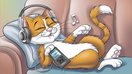 Orange Tabby Cat Relaxed Listening To Music