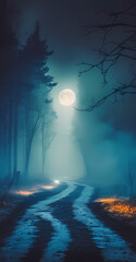 full moon illuminates the road at night. Banner. Generative AI