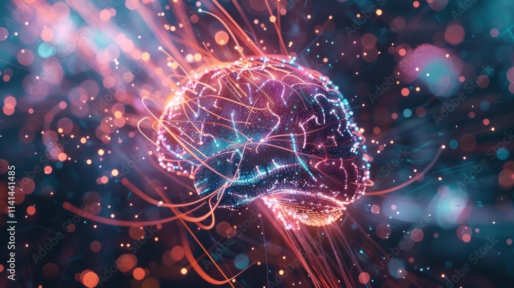 Poster complex network of connections and data flow transmitting through digital brain representing machine