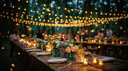 An elegant outdoor wedding reception in a magical forest clearing at dusk, where long rustic wooden tables are beautifully arranged under a canopy of twinkling string lights. Each table is decorated 