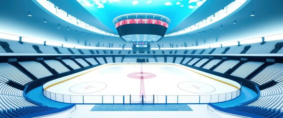 Photo of an empty hockey rink, taken from the perspective of a player looking towards the goal, bright lighting, blue and white color scheme, modern architecture, high ceiling with a large circular