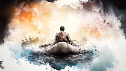 Obraz premium Isolated Individual in Formal Wear Drifting in a Gray Raft: A Stunning Poster for Sports Interiors, Capturing the Essence of Resilience Against a Stormy Backdrop