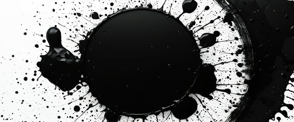 A close-up photograph of a black ink drop on a white surface, surrounded by splatters and a circular pattern. The ink is glossy and has a smooth texture, with a few small bubbles trapped inside. The b