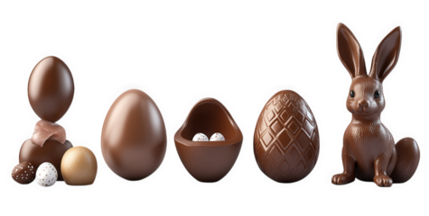 a row of five chocolate easter eggs and a chocolate bunny on a transparent background the eggs are decorated with different patterns. and one is broken open to reveal two smaller chocolate eggs the bu