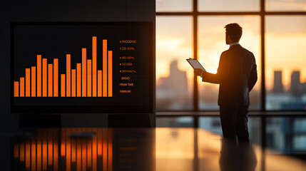 business executive presenting economic development data with sunset view. vibrant orange graph highlights growth trends, creating professional atmosphere