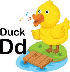 Alphabet Letter D-Duck with cartoon vocabulary illustration, vector
