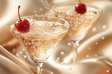 Sparkling cocktails with cherries on silk background.