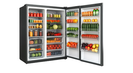 PNG, Fridge, open refrigerator isolated on white background, generated by Generative AI technology.