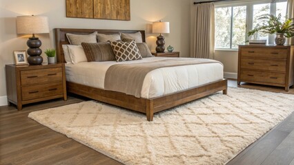 A soft area rug lies beneath the bed providing a plush surface that complements the calm overall aesthetic while enhancing the comfort of the space.
