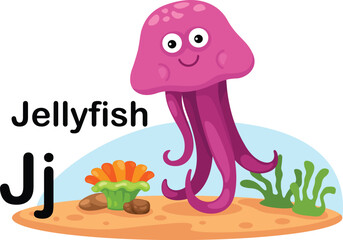 Alphabet Letter J-Jellyfish with cartoon vocabulary illustration, vector