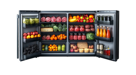 PNG, Fridge, open refrigerator isolated on white background, generated by Generative AI technology.