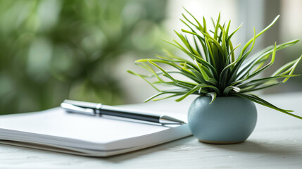 Healthy green plant on white table with small notebook and pen, symbolizing health advice and wellness tips, clean and focused image with copy space for text.