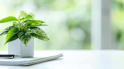 Healthy green plant on white table with small notebook and pen, symbolizing health advice and wellness tips, clean and focused image with copy space for text.