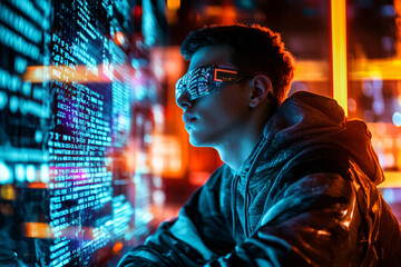 Obraz premium Boy wearing futuristic glasses, neon digital interface.