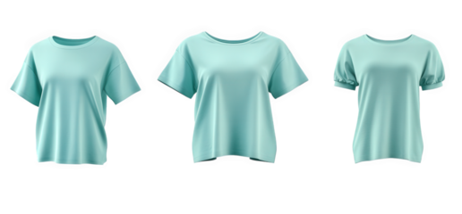 three turquoise t-shirts with short sleeves and round necklines. isolated on a transparent background the shirts are simple and casual. perfect for everyday wear
