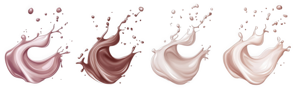 four shades of creamy liquid splashing on a transparent background