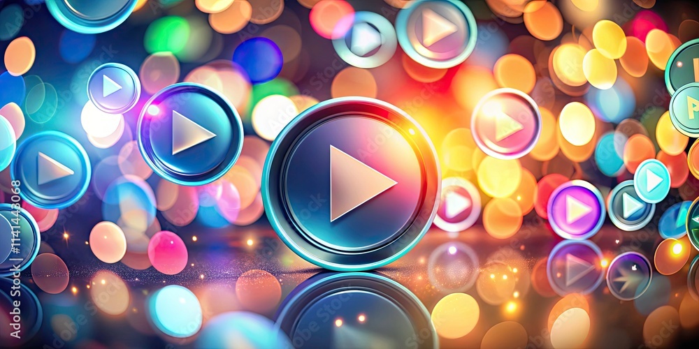 Poster round play button icons on transparent png with bokeh effect for creative projects, video production