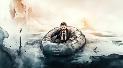 Obraz premium Solitude at Sea: Isolated Man in Formal Attire on a Raft - Perfect for a Dramatic Sports Interior Poster
