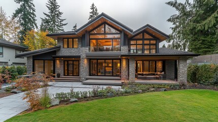 Modern stone house with large windows, showcasing luxurious design and landscaping. Ideal for real estate, architecture, and luxury lifestyle websites.