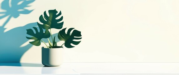 Photo of a minimalist room with a white wall and a white floor, a white ball on the floor, and a small potted monstera plant on the right side of the frame. The plant has large, green leaves with whit