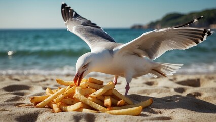 Seagull on sandy beach stealing french fry chips 