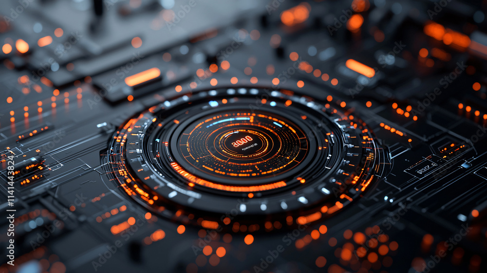 Leinwandbilder futuristic digital interface with glowing orange elements and intricate circuitry, showcasing advanc