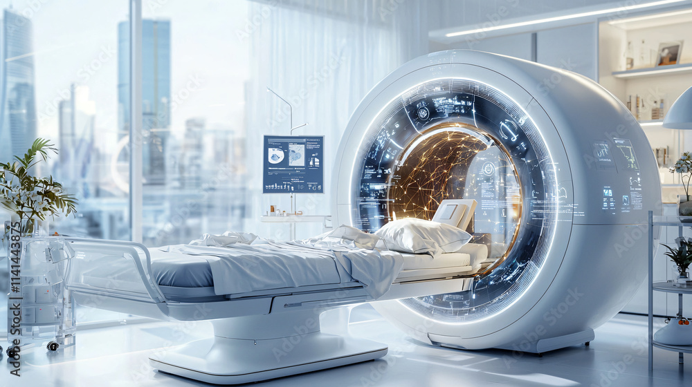 Poster futuristic health pod integrating ai and medical devices, featuring sleek design and advanced techno