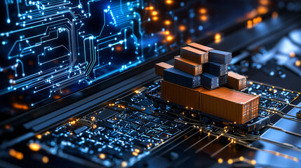 futuristic depiction of global trade with automated processes, featuring shipping containers on circuit board, symbolizing technology and logistics