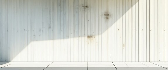 photo of a minimalist interior space with a white wall and a large diagonal shadow cast by a beam of sunlight. The wall is made of vertical wooden panels, and the floor is covered in white tiles. The 