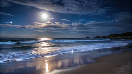 Fototapeta premium Moonlit Ocean Waves Crashing on Sandy Beach at Night