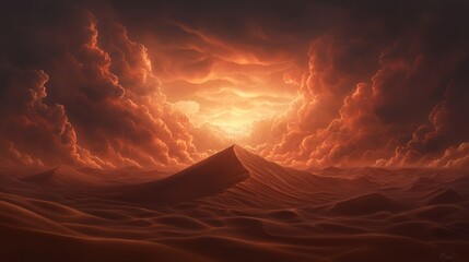 Sunset illuminating desert sand dunes with towering dramatic clouds in the background