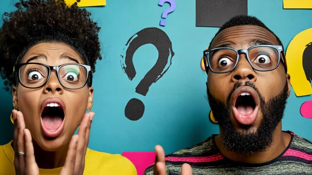 Surprised couple reacting to an unexpected situation against a colorful backdrop