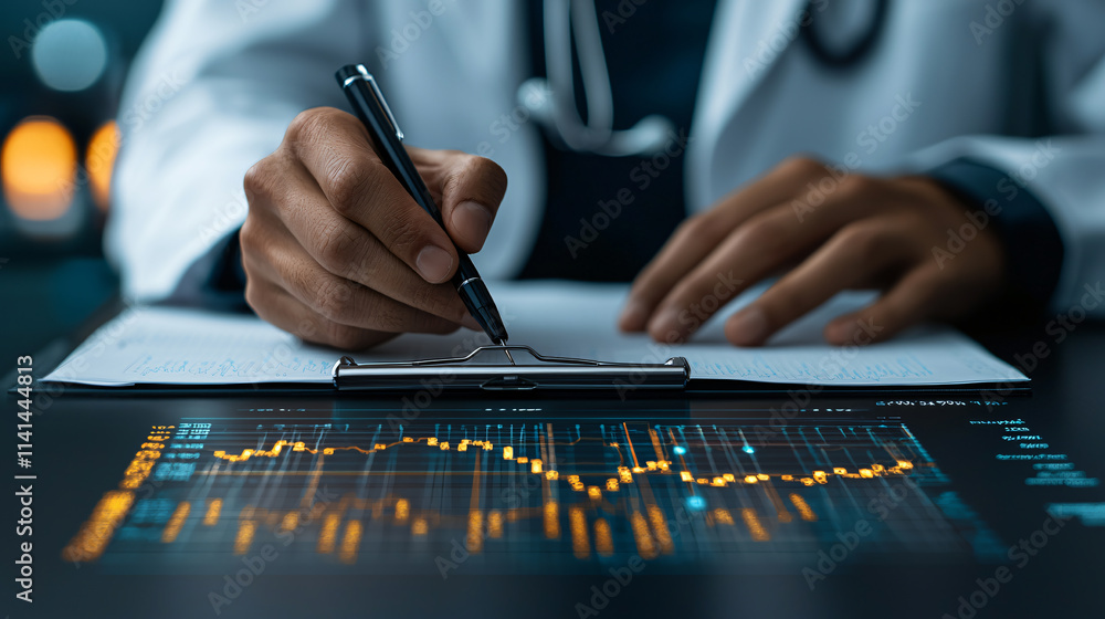 Poster healthcare professional analyzing data trends with pen on clipboard, showcasing graphs and charts. setting emphasizes importance of data in medical diagnostics