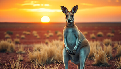 “Kangaroo on the Outback Plains” – A kangaroo standing tall in the vast Australian outback, surrounded by dry grass, red soil, and a glowing golden sunset.

