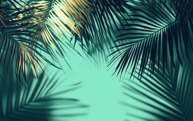 Teal background with gold and green palm leaves and shadows.