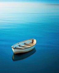 Obraz premium A small boat floats on the calm sea, top view, pure blue background, very clear and clean