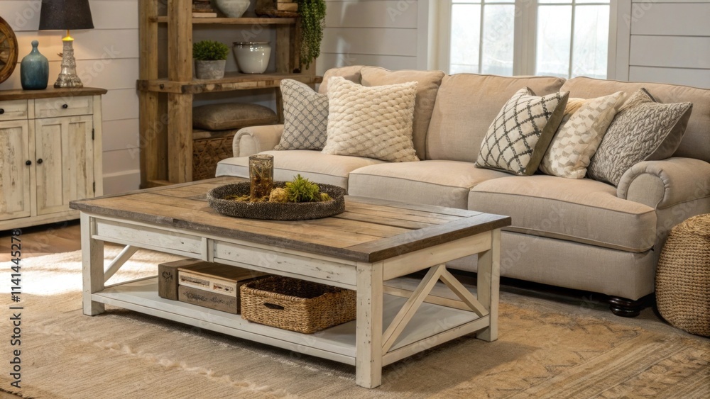 Poster a plush sofa adorned with assorted textured pillows invites relaxation while a weathered coffee tabl