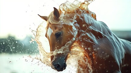 Liquid Gold Majestic Horse in Motion: Energetic and Luxurious Design Poster for Sports Interior Decor - Stunning Anatomy and Dynamic Splashes on a Crisp White Background