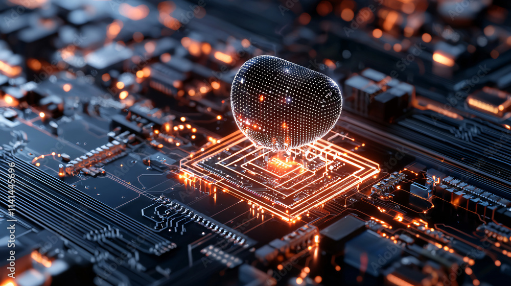 Poster high tech visual of ai tools optimizing seo and content, showcasing glowing circuit board with digit
