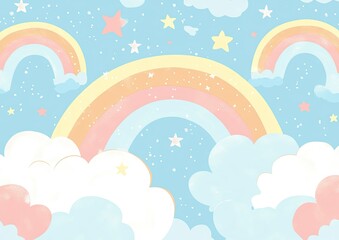Soft pastel background, Rainbow gradient sky with fluffy clouds and stars