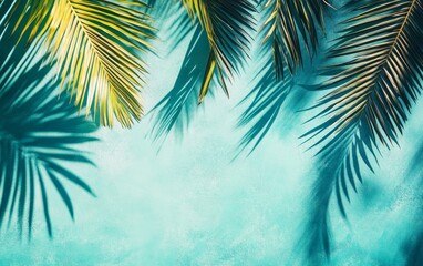 Tropical palm leaves and shadows on turquoise background.
