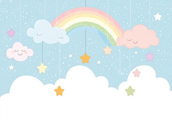 Soft pastel background, Rainbow gradient sky with fluffy clouds and stars