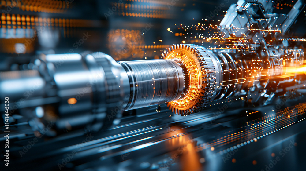 Poster highly detailed shot of robotic arms assembling machinery with sparks flying, showcasing advanced te
