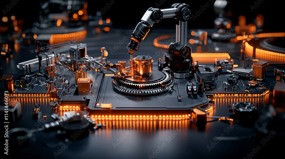Aufkleber highly detailed shot of robotic arms assembling machinery with glowing orange lights, showcasing adv