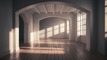 Obraz premium White empty room interior with arch entrance with wooden floor, shadows and sun light from window on wall