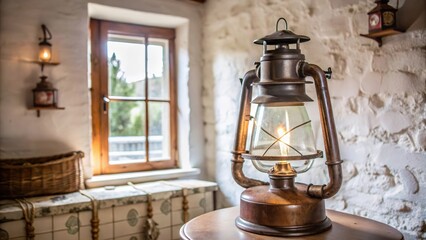 A Vintage Oil Lamp Glowing in a Rustic Cottage