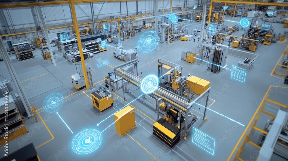 Poster a manufacturing floor filled with sensors strategically p on machinery gathering realtime data to in